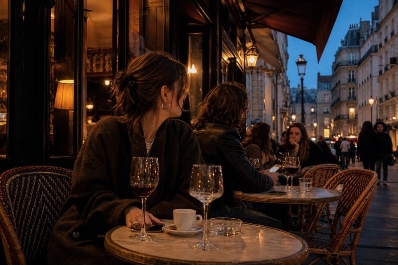 Terraza de un café parisino en el Marais con sillas de ratán y mesas de mármol al atardecer