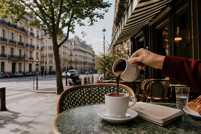 Green-and-white awning and rattan terrace chairs of a famous Saint-Germain café on a Paris boulevard corner