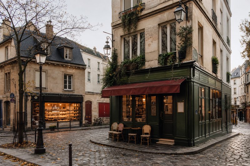 Cobbled Paris square with a small corner restaurant, green shopfront and old street lamps in the 5th arrondissement