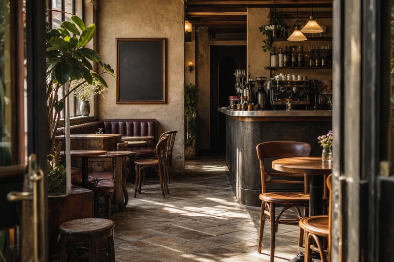 Sunlit café interior with mixed seating, a zinc counter and a chalkboard menu, seen from the doorway