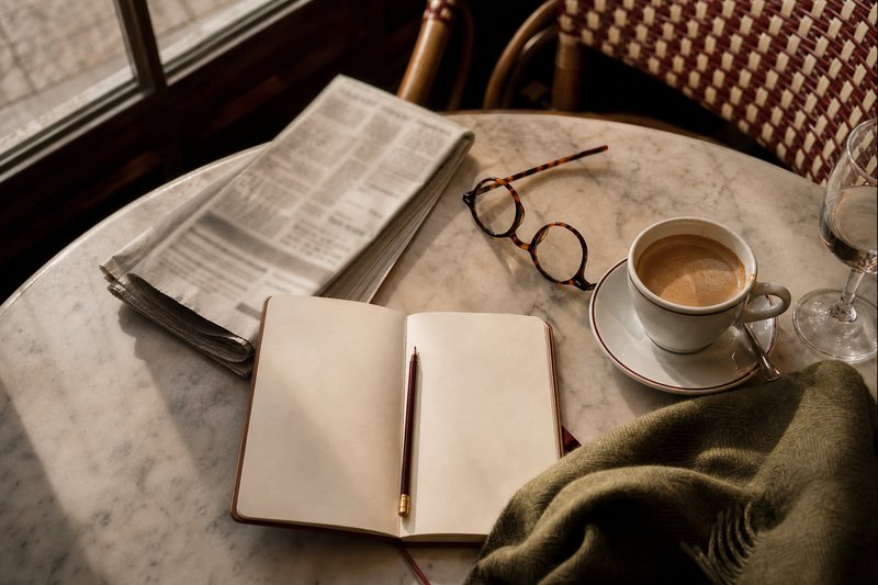 Notebook, newspapers and a café crème laid out on a marble café table in morning light