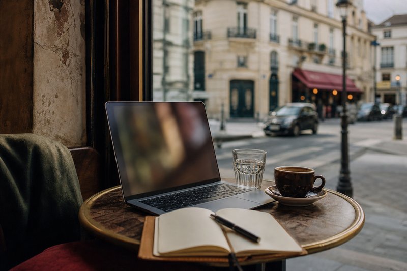 Laptop open on a small café table in Paris beside an espresso cup, with a window view onto the street
