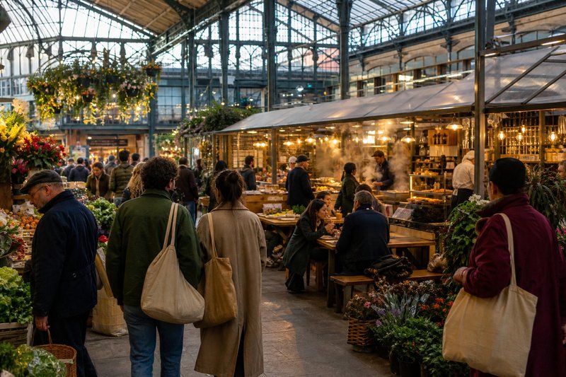 Covered market hall in Paris with produce stalls, hanging signs and shoppers under an iron-and-glass roof