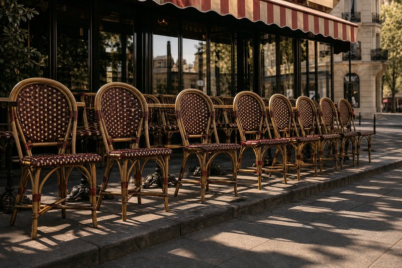 Rows of rattan café chairs facing outward on a Paris terrace under a striped awning, late afternoon light